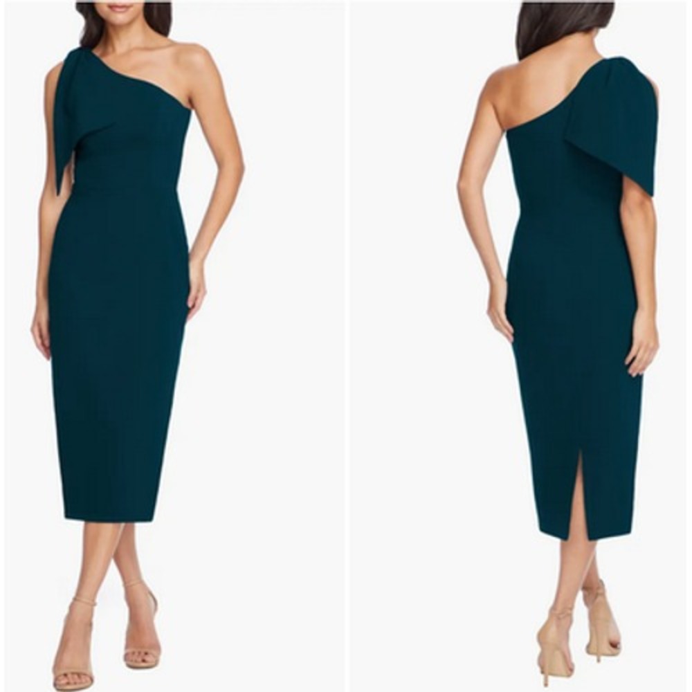 Dress‎ the Population Dress Womens XXS One Shoulder Bow Sheath Cocktail NWT